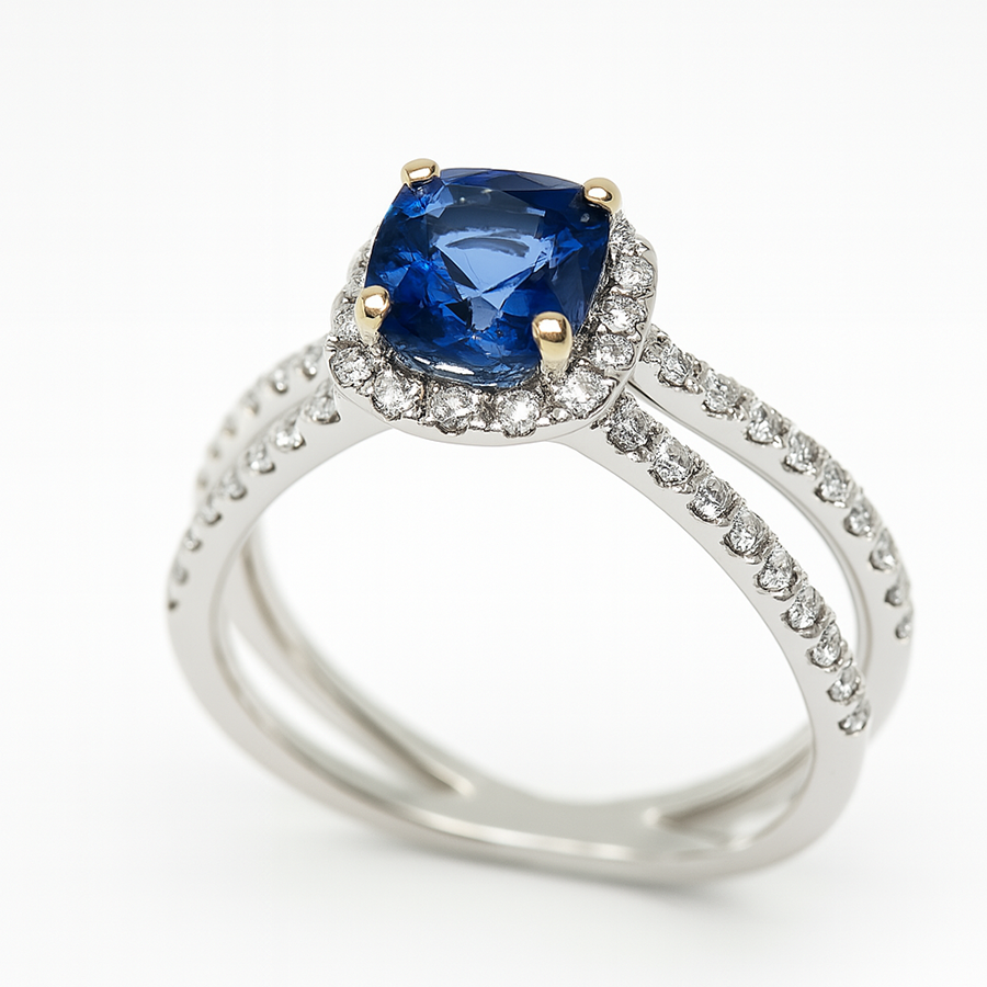 Halo Sapphire and Diamond Ring