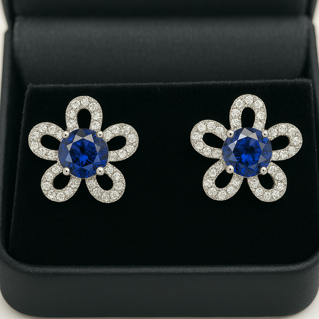 Flower Themed Sapphire Studs with Diamonds