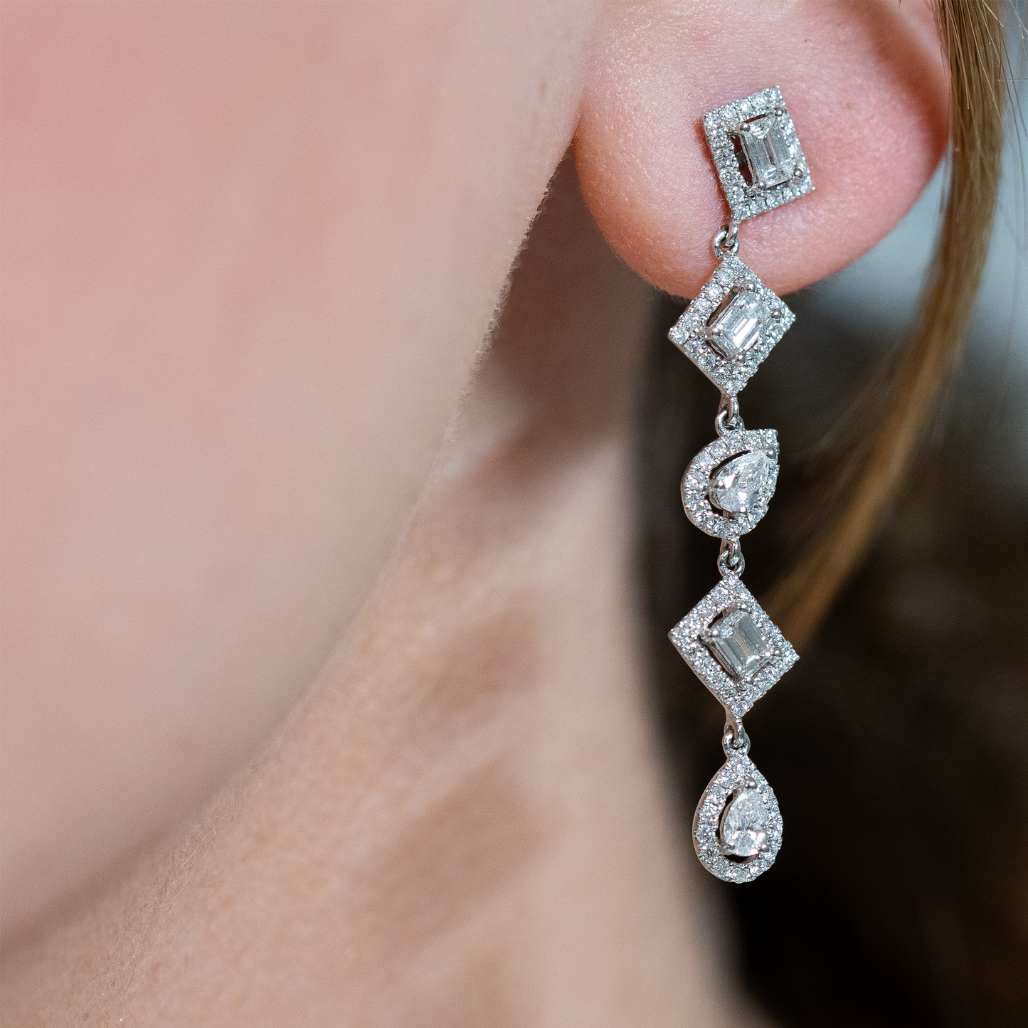 Pear and Emerald Cut in Diamond Halo Drop Earrings