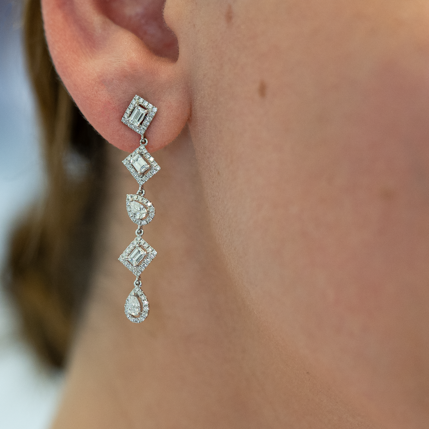 Pear and Emerald Cut in Diamond Halo Drop Earrings