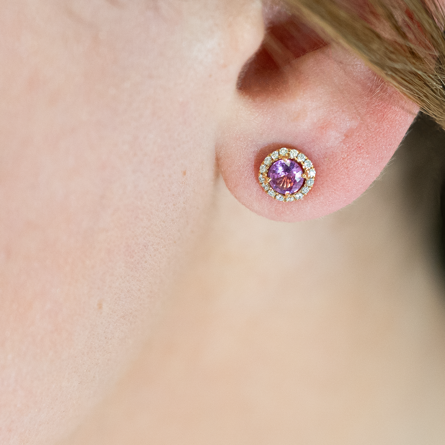 Pink Sapphire in Diamond Halo Studs