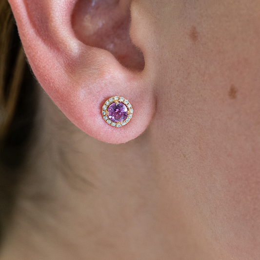 Pink Sapphire in Diamond Halo Studs