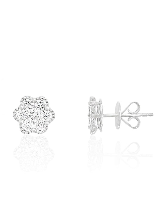Flower Petal Diamond Earrings Studs in 18k White Gold