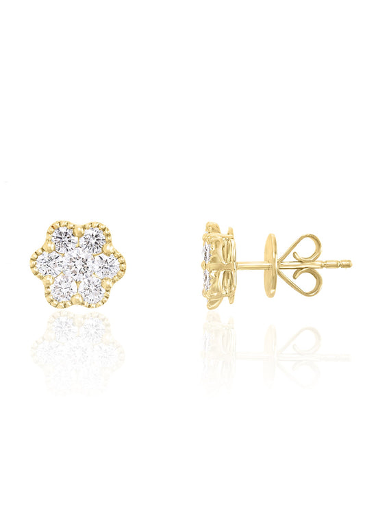 Flower Petal Diamond Earrings Studs in 18k Yellow Gold
