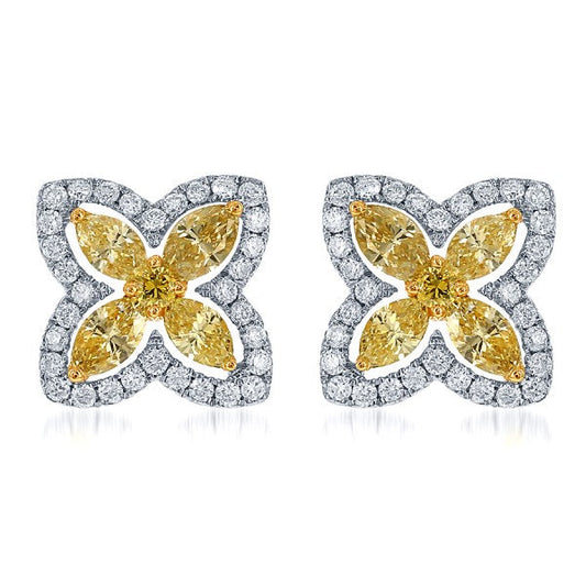 Yellow Diamond Flower Petal Earrings in 18k White Gold